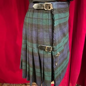 Scottish Wool Mini Kilt Skirt Blue Green Black Tartan Plaid School Girl Uniform